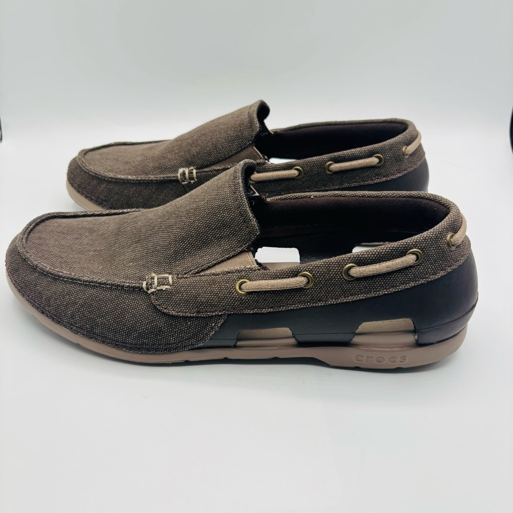 CROCS Men's Brown Canvas Slip-On Boat Shoe with Tan Accents